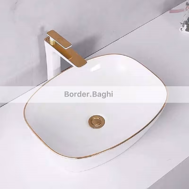 کاسه روشویی مدل سفید لب طلایی مستطیل لب گرد