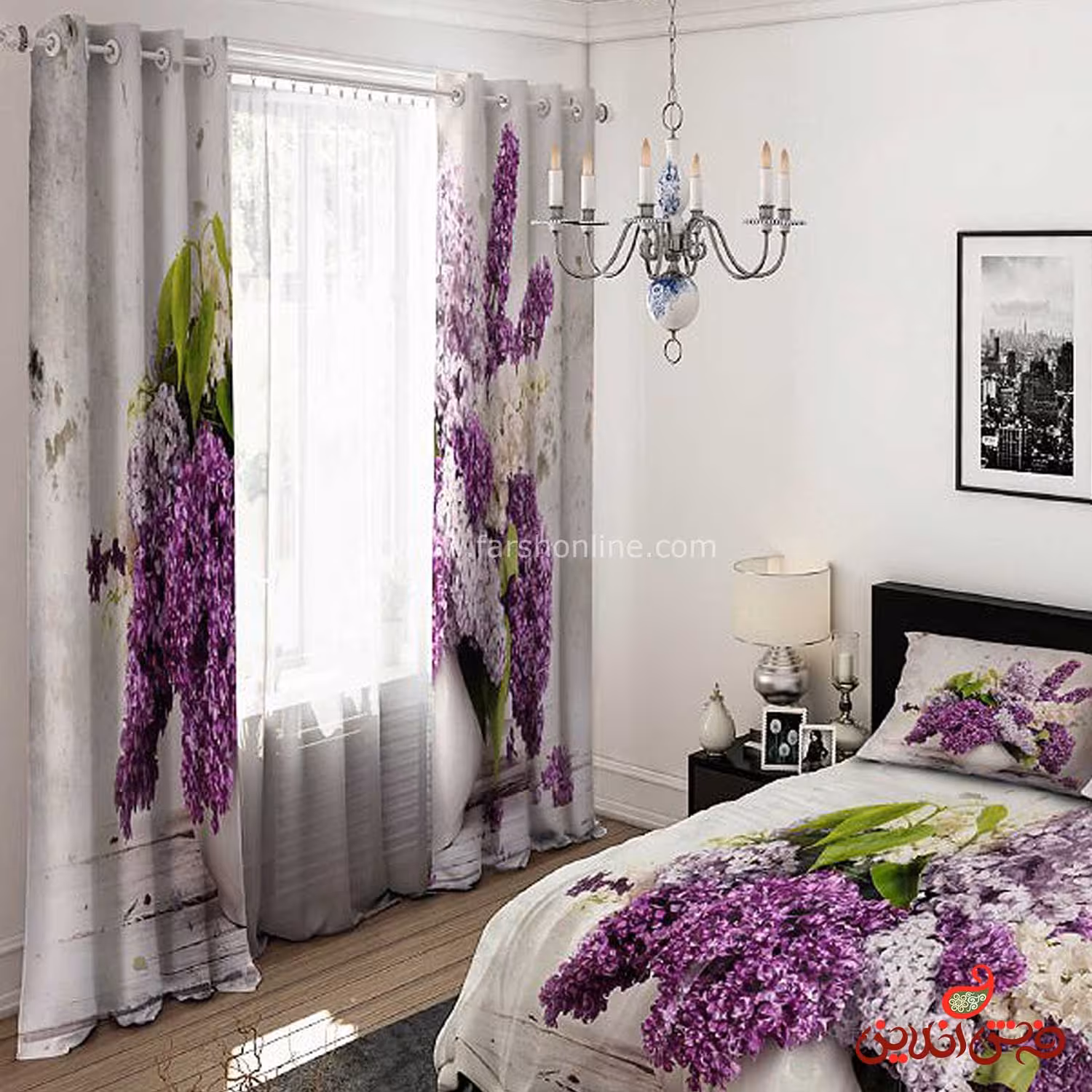 پرده 2 عددی کد 15331/1 طرح گل های سنبل بنفش