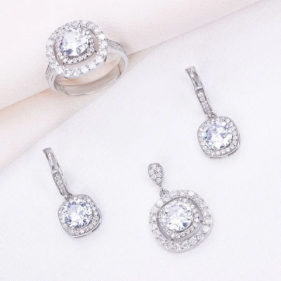 نیم ست نقره طرح جواهر تک نگین سفید کد 16216