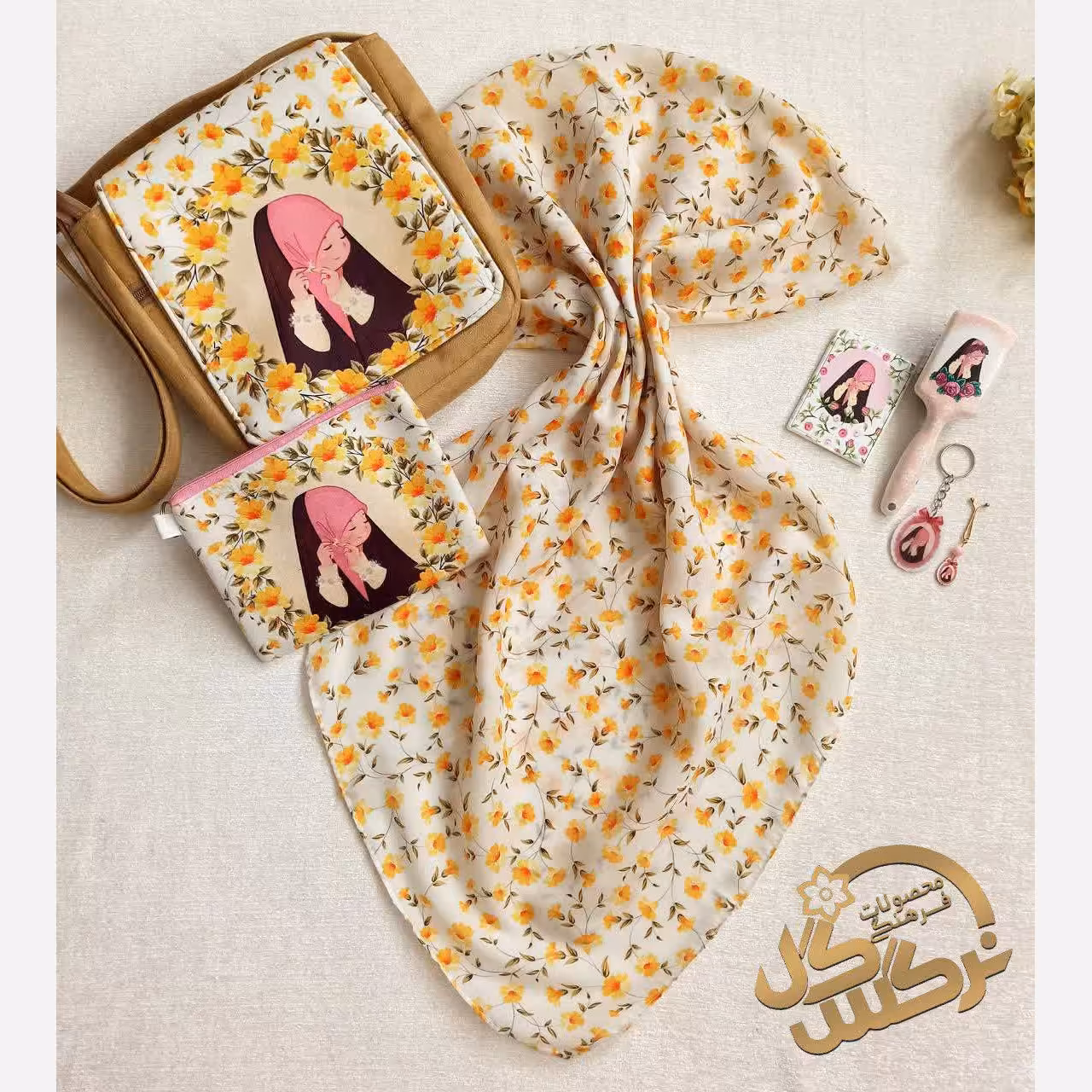 ست کیف و روسری طرح گل های بهاری2