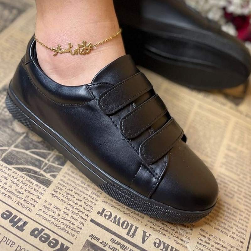 کتونی دخترانه زنانه چسبی رنگ مشکی لژ3سانت زیره پیو رویه چرم قالب استاندارد مناسب پیاده روی  جنس داخلی کتان ضد حساسیت