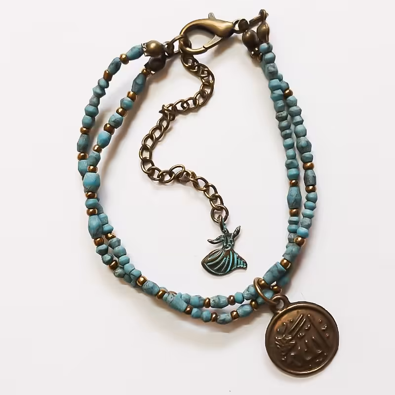 دستبند فیروزه مدل فاطیما با پلاک الله و سنگ فیروزه افغان 