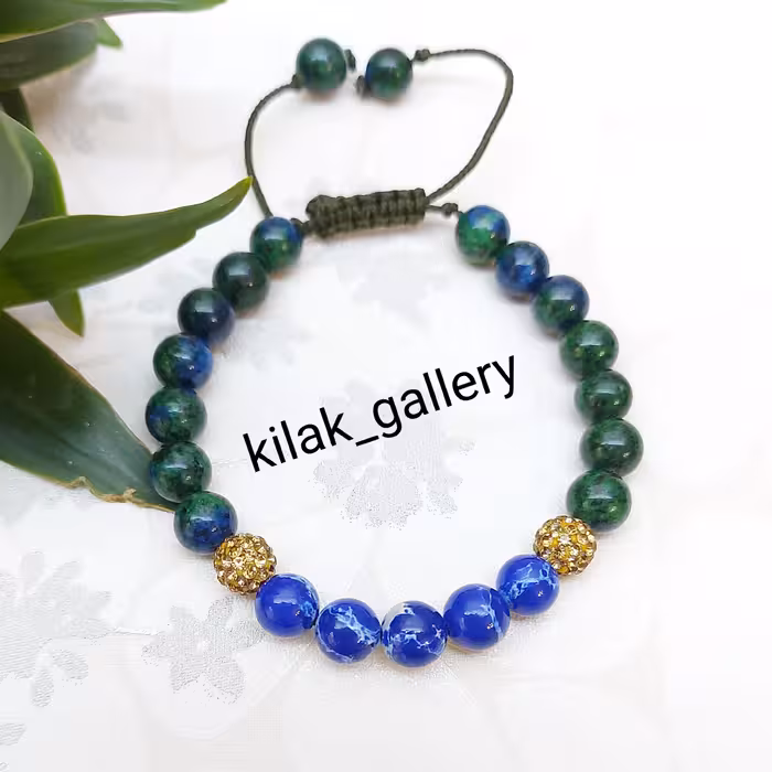 دستبند سنگی فیروزه آفریقایی آبی کربنی و سنگ کریزکولا