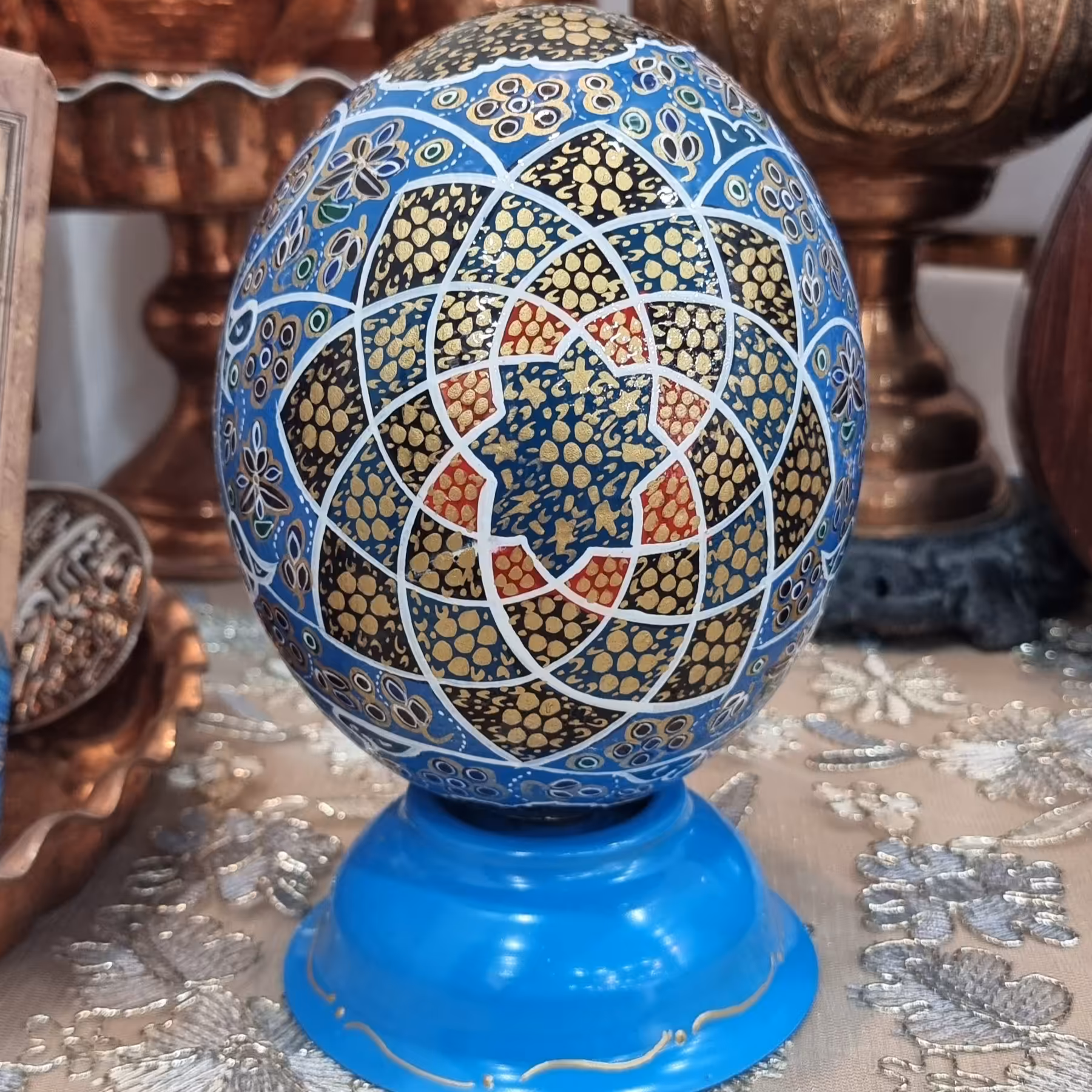 تخم شترمرغ طرح تذهیب ابی شمسه (پس کرایه)