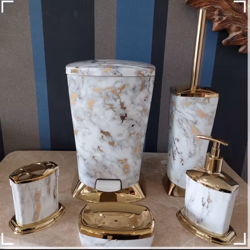 ست سرویس بهداشتی 5 پارچه نگین مدل الماس رنگ ماربل2 سفید طلایی