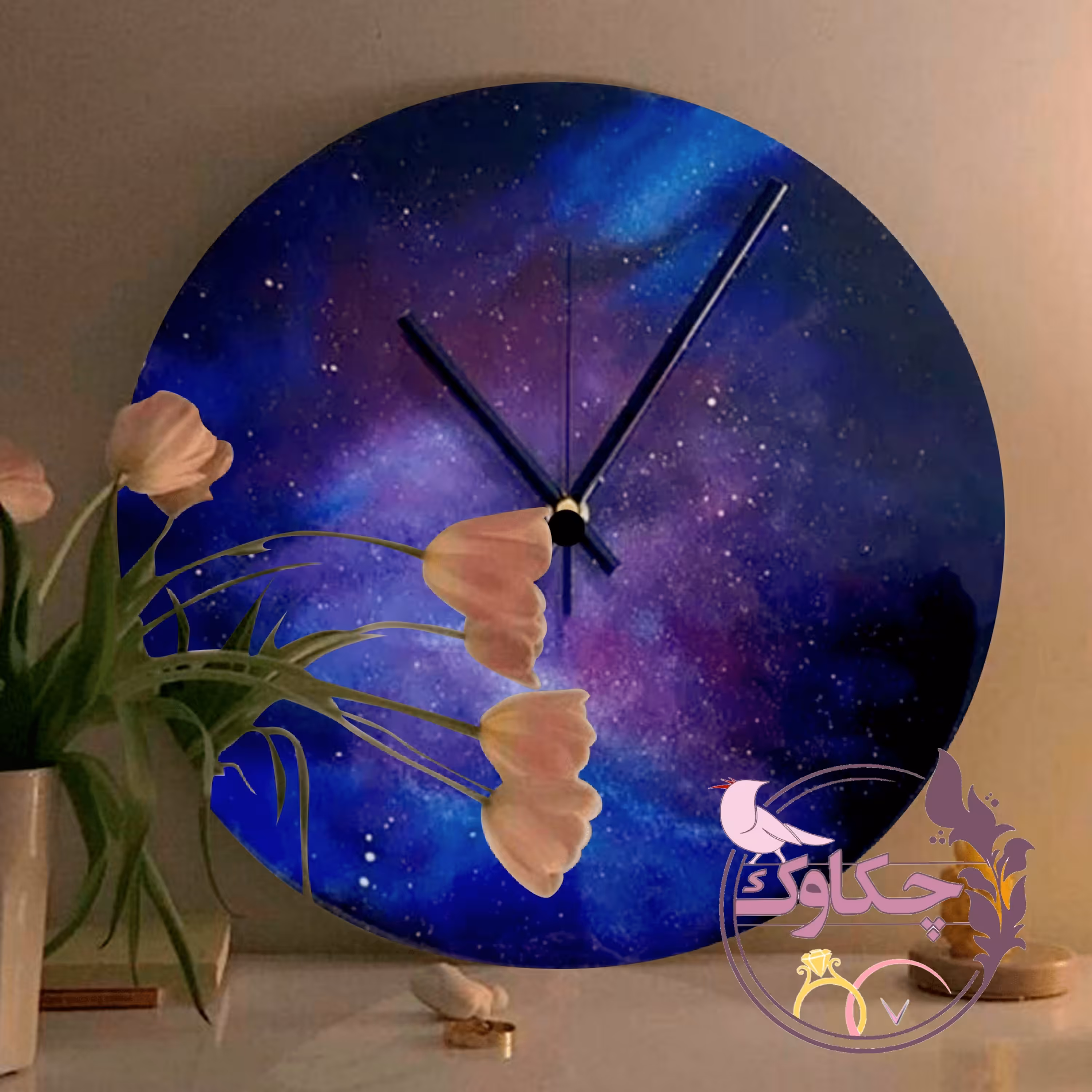 ساعت دیواری چوب و رزین طرح کهکشان با بیس 30 سانتی