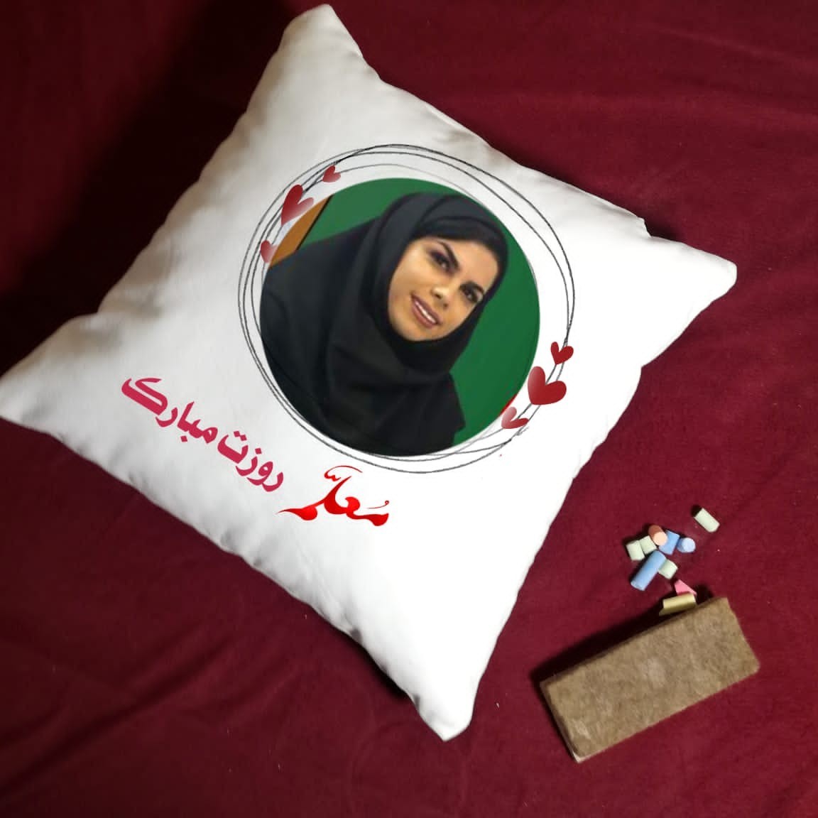 کوسن روز معلم  چاپ کوسن با عکس دلخواه شما هدیه سازمانی ارگانی تبلیغاتی 12 اردیبهشت