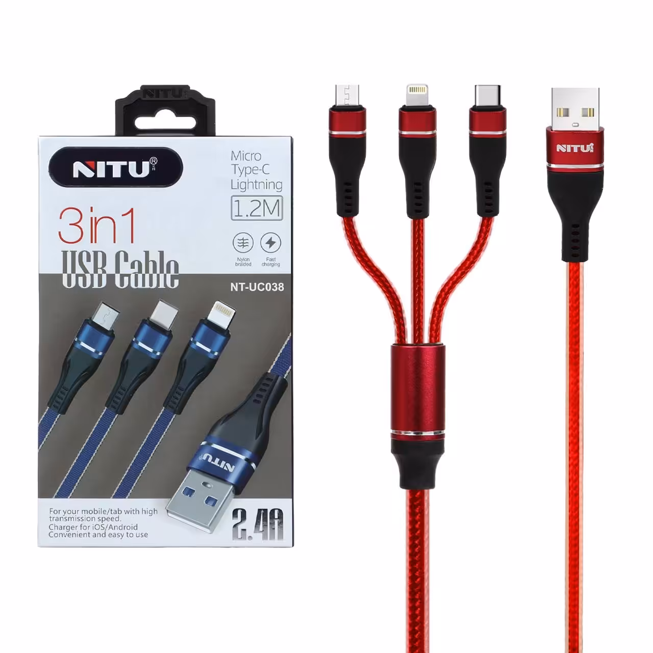 کابل شارژ فست NITU 3 in 1 مدل UC038 - مشکی قرمز