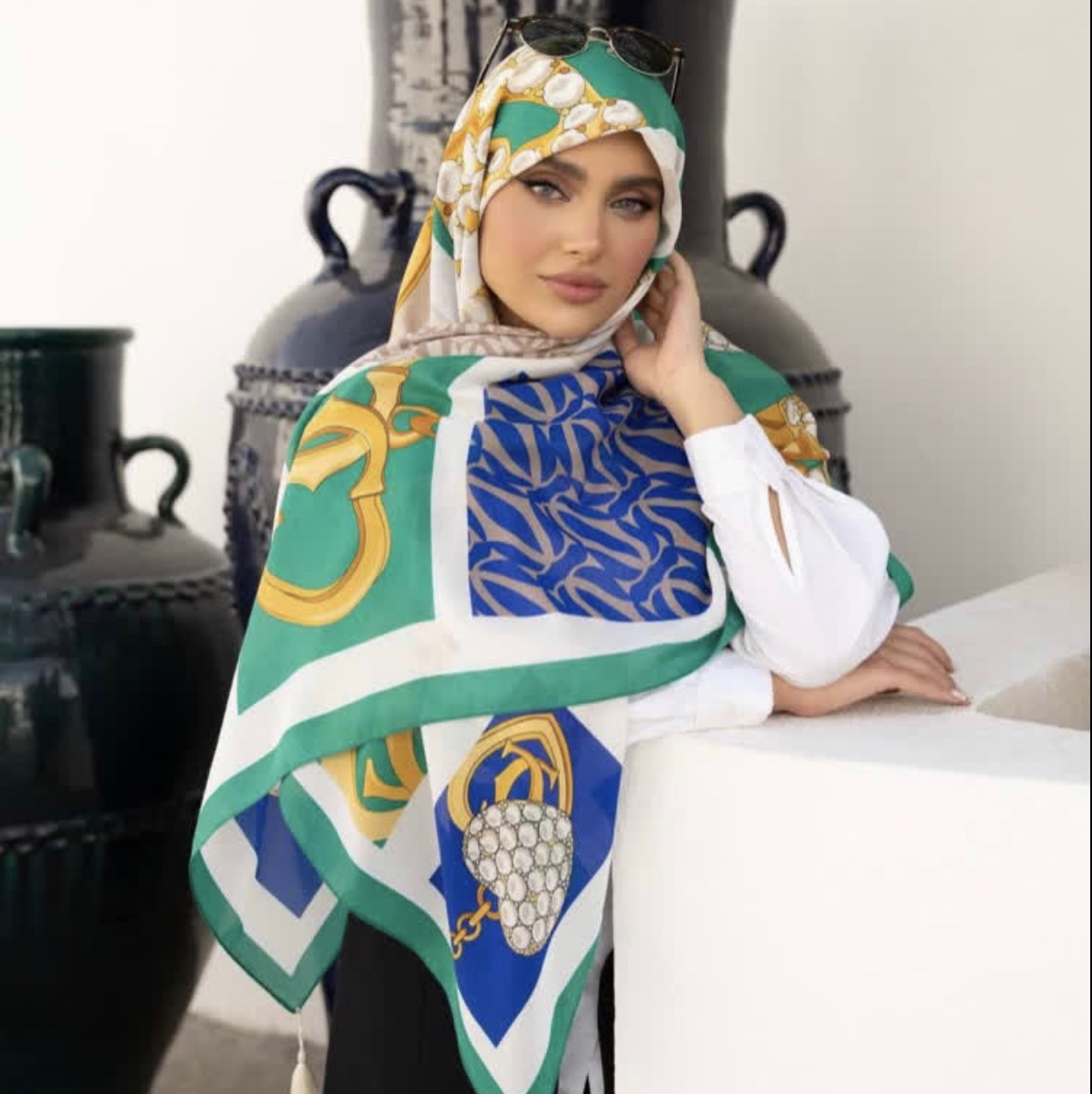 روسری مجلسی وال نخ ترک قواره 140 سورمه ای سبز