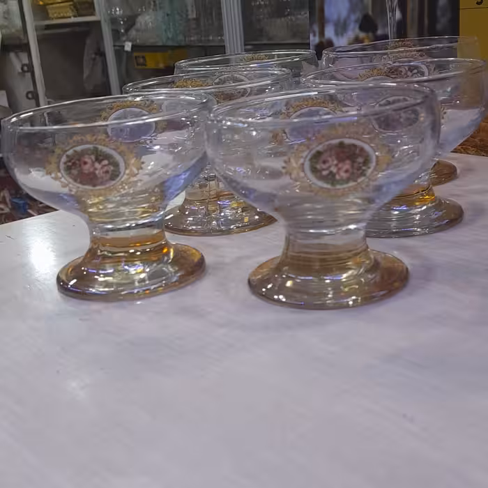 بستنی خوری گلدار 6 تایی ایرانی بلور کاوه پایه کوتا مخصوص پذیرایی 