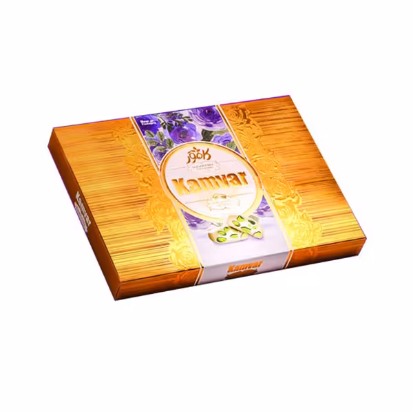 گز طلاکوب با 18% مغز بادام و پسته‌ رژیمی بدون قند کامور KAMVAR