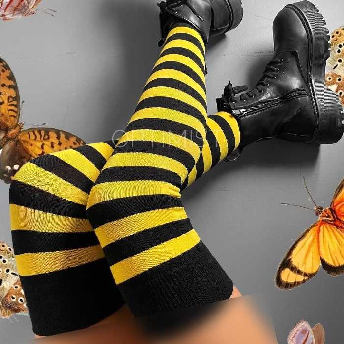 جوراب راه راهی ساق بلند بالا زانو زرد مشکی فری سایز