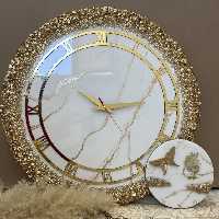 ساعت دیواری رزینی سفید طلایی دور ورق طلا کار شده در سایز  45سانت بااین قیمته
