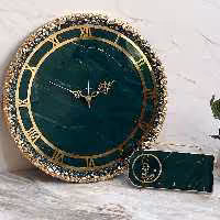 ساعت دیواری زمردی رزینی دورکریستال رگه دار طلایی این قیمت فقط برای ساعت 45 سانتیه 