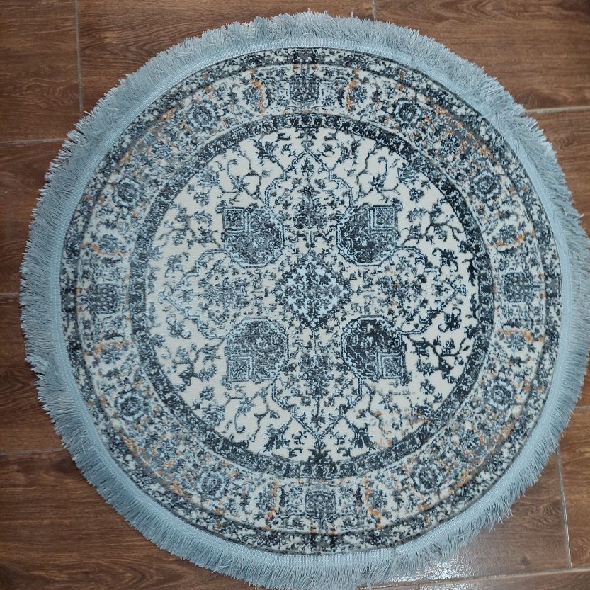 فرش گرد 1در1 متری گلبرجسته طرح هریس وینتیج رنگ زمینه طوسی با قیمت مناسب