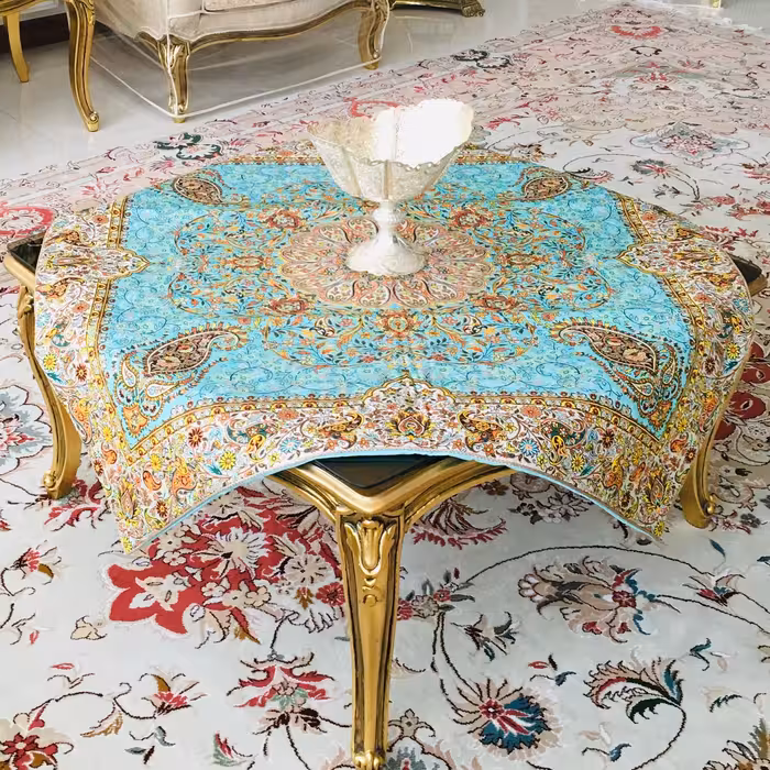 رومیزی ترمه طرح  افشار(سایز 100x100) زمینه سبزآبی