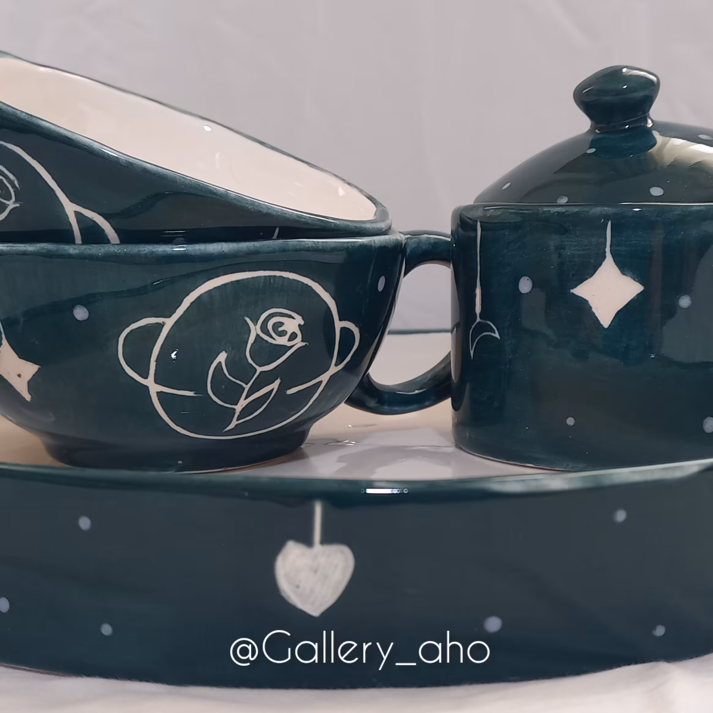 ست چای خوری 2 نفره سرامیکی طرح کهکشانی فانتزی سبزآبی پررنگ