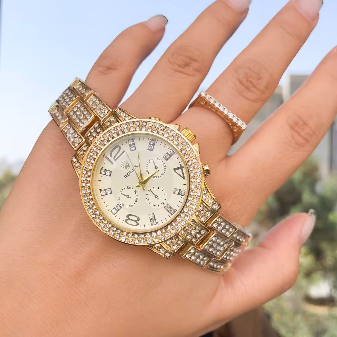 ساعت دخترانه یا زنانه مارک رولکس طرح سه موتوره همراه با انگشتر فول نگین