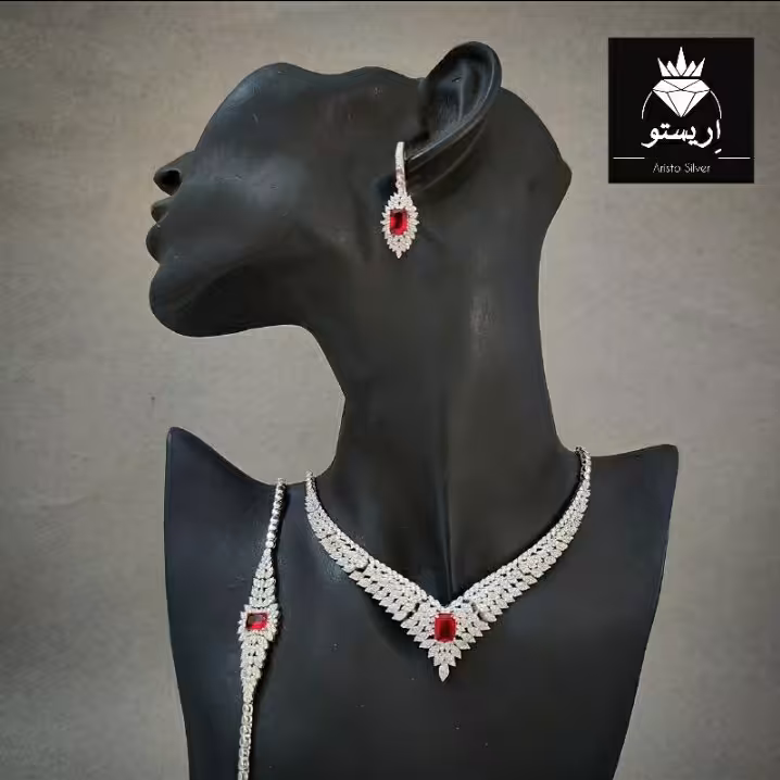 سرویس نقره جواهری یاقوت قرمز سنستیک بسیار شیک با عیار 925 و آبکاری طلاسفید