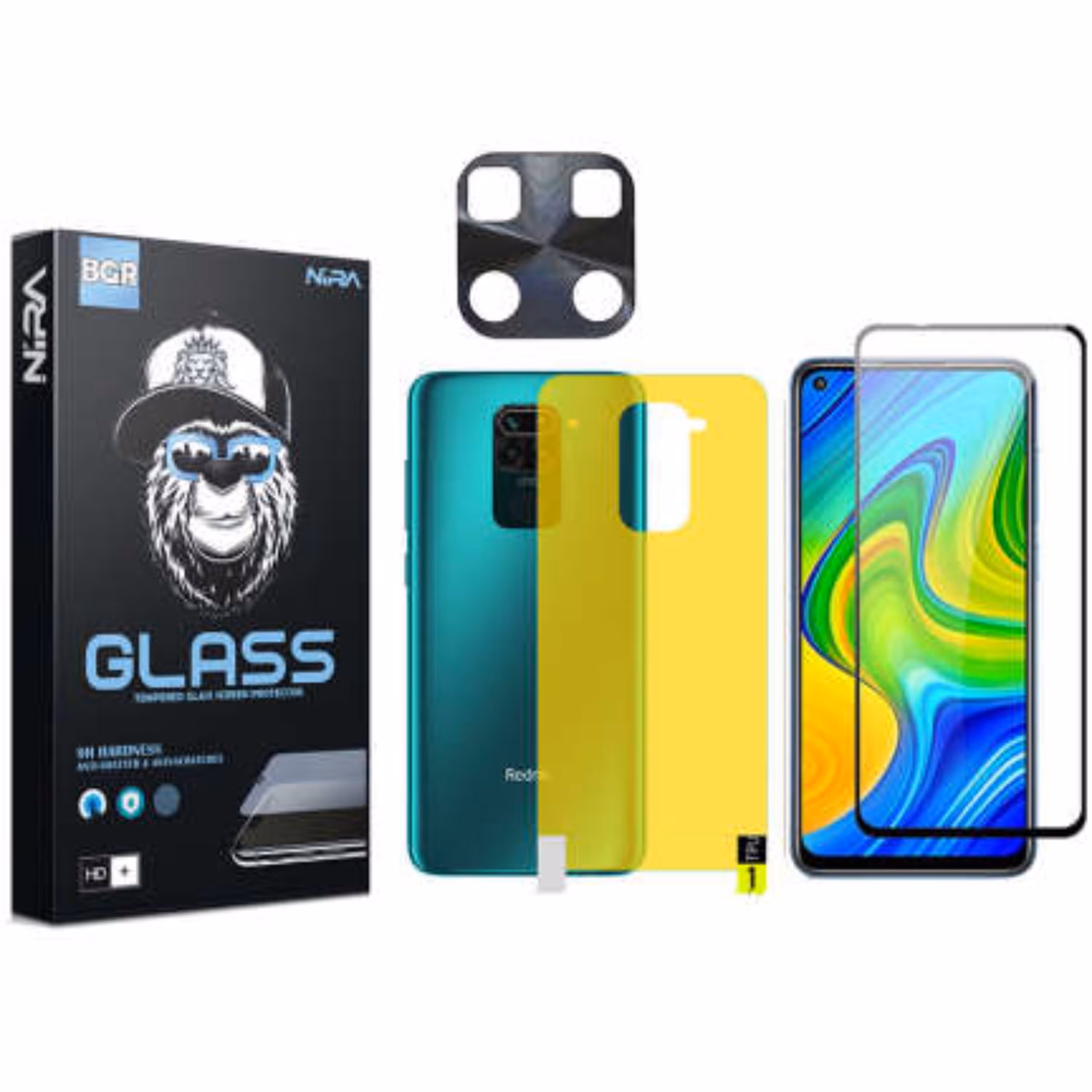 گلس به همراه برچسب محافظ پشت و محافظ لنز فلزی نیرا مناسب برای گوشی  Note 9 Pro