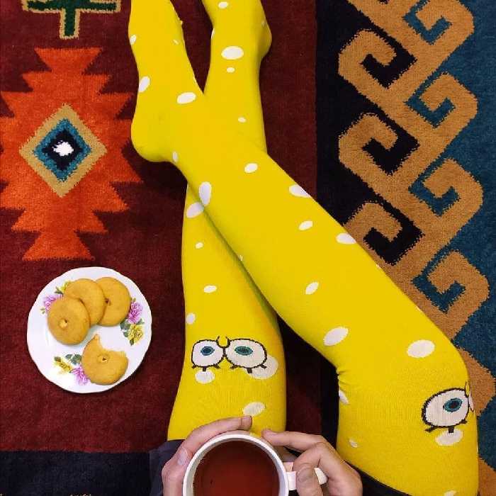 جوراب نخی ساق بلند بالای زانو طرح باب اسفنجی ، فری سایز