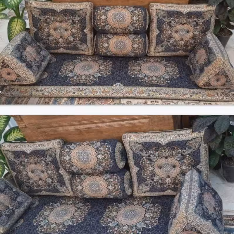 ست پشتی ترمه شاه نشین مدل سلطنتی 7 تیکه رنگ سورمه ای 