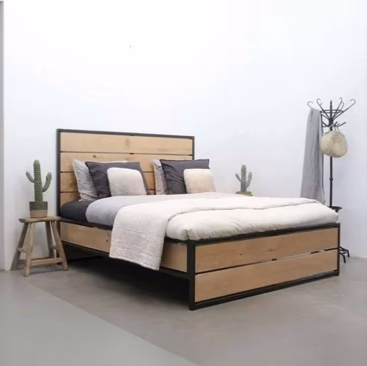 تخت خواب چوبی و فلزی سبک روستیک دو نفره چوبی و فلزی سایز 200*180 کد 1269