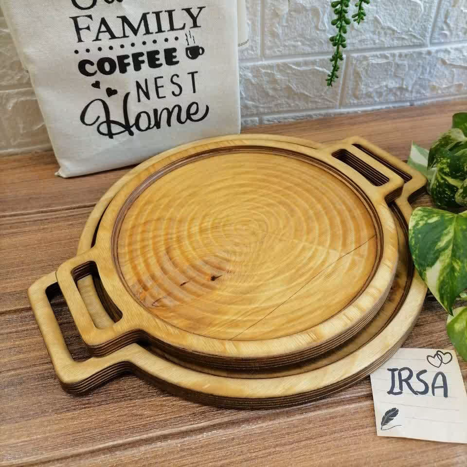 سینی چوبی گرد دو دسته پلای وود سایز بزرگ 