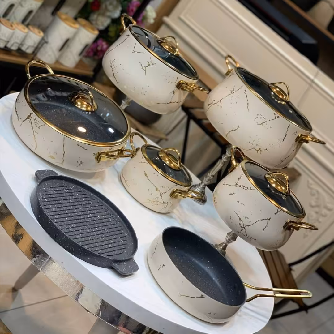 سرویس قابلمه  16 پارچه چدن گرانیت برند BVK کد 715516 رنگ سفید ماربل