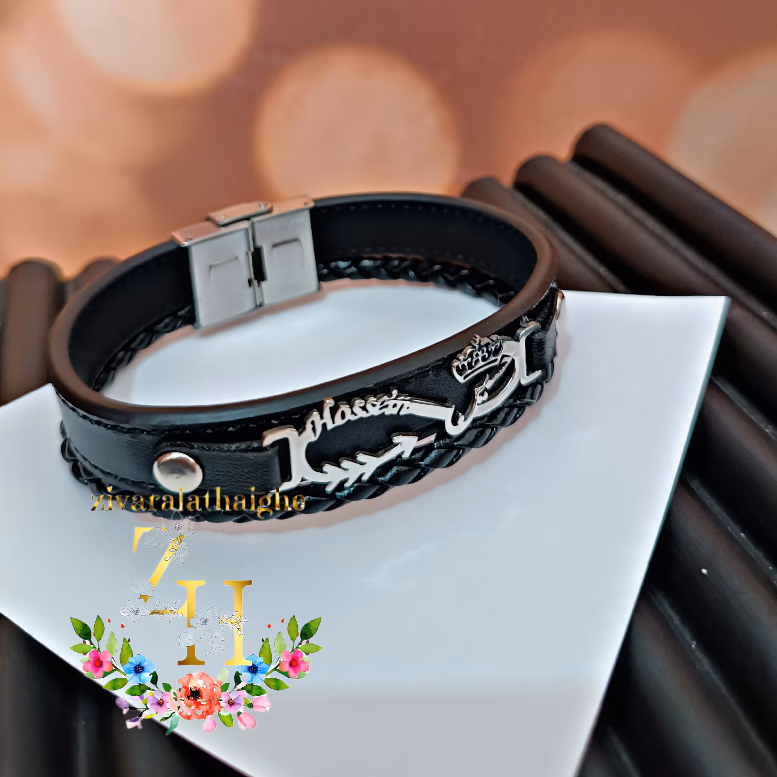 دستبند چرم طبیعی با پلاک استیل سفارشی 