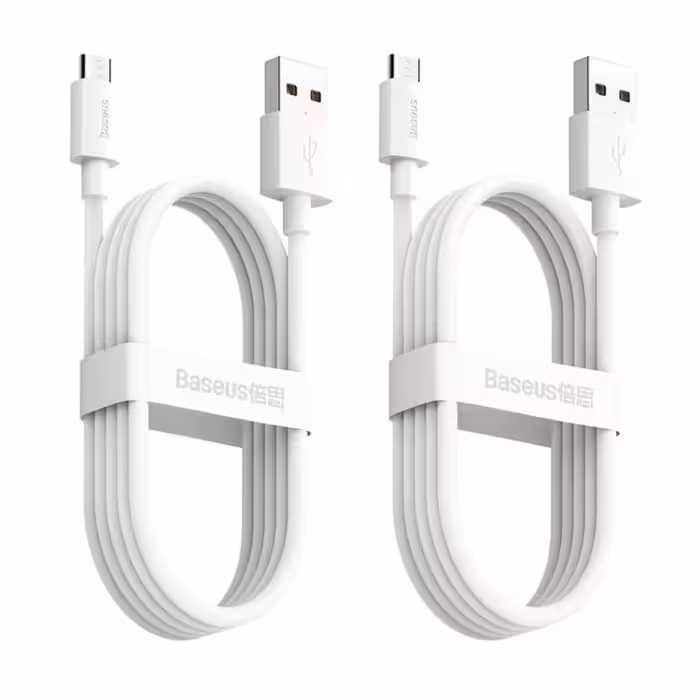 کابل USB به MICROUSB باسئوس پک 2 عددی ، طول 1.5 متر ، رنگ سفید با بست جمع کردن کابل