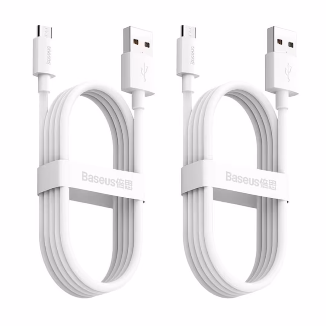 کابل USB به MICROUSB باسئوس پک 2 عددی ، طول 1.5 متر ، رنگ سفید با بست جمع کردن کابل