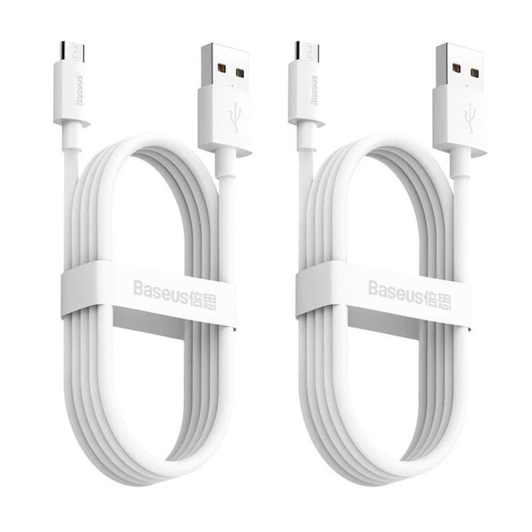 کابل USB به MICROUSB باسئوس پک 2 عددی ، طول 1.5 متر ، رنگ سفید با بست جمع کردن کابل