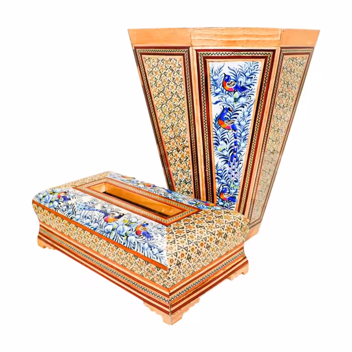 ست جعبه دستمال کاغذی و سطل زباله ممتاز خاتم کاری (مدل گل و مرغ آبی برجسته)(گارانتی 120 ماهه)