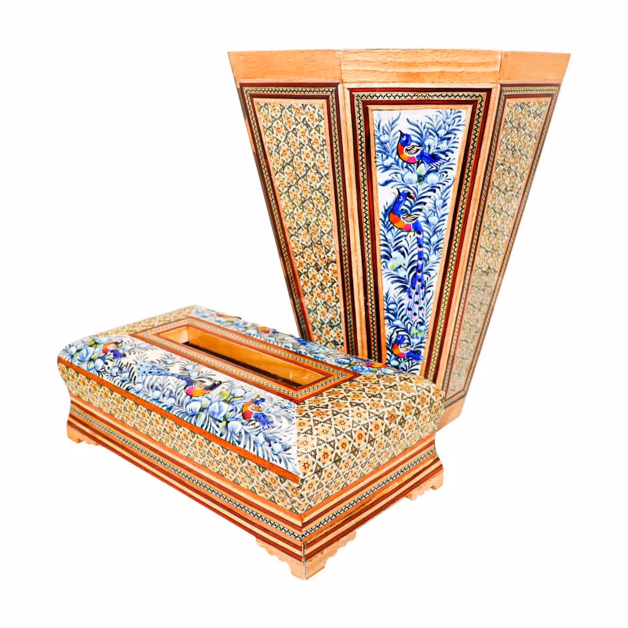 ست جعبه دستمال کاغذی و سطل زباله ممتاز خاتم کاری (مدل گل و مرغ آبی برجسته)(گارانتی 120 ماهه)