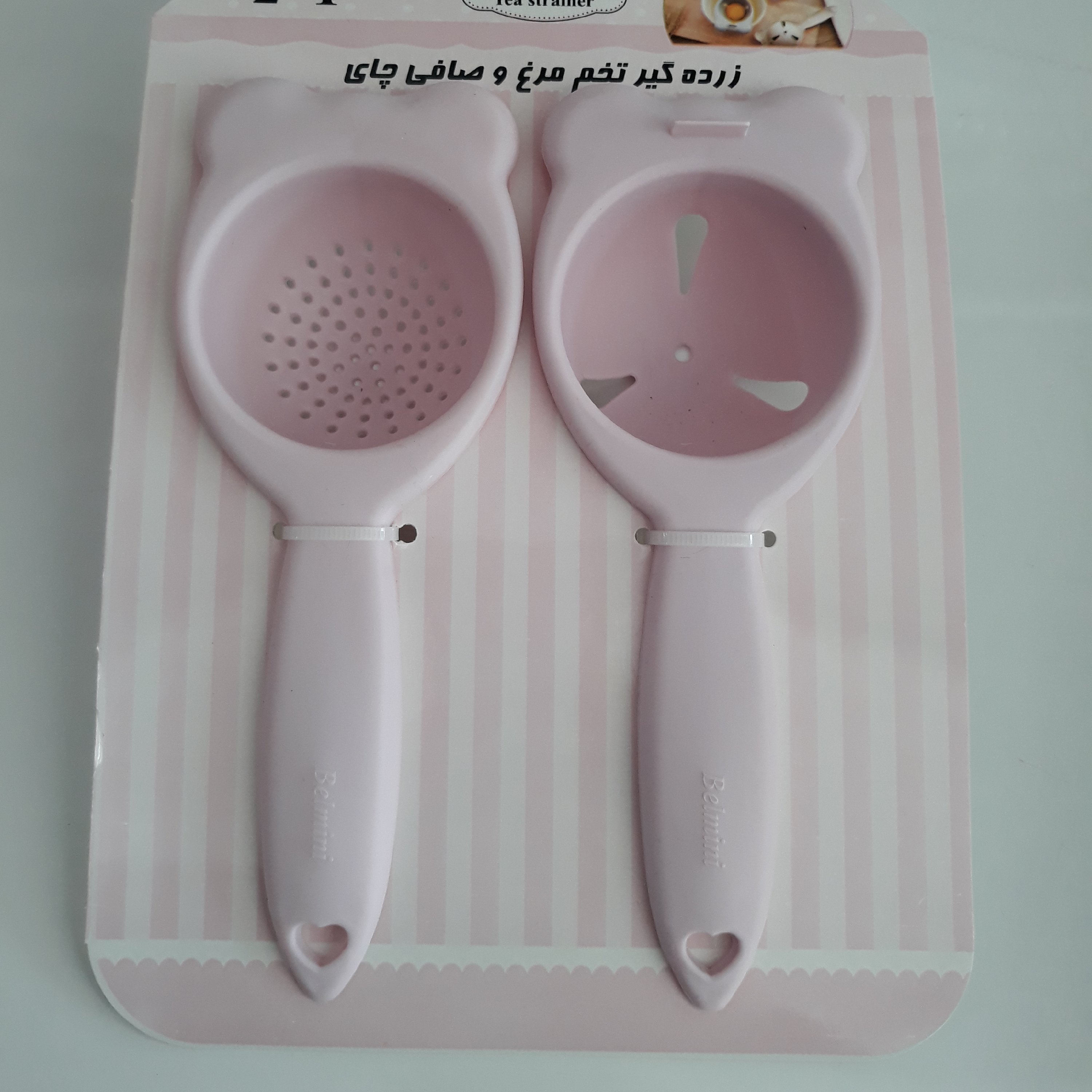 ست دو کاره زرده گیر تخم مرغ و صافی چای جنس پلاستیک مرغوب موجود در دو رنگ صورتی کم رنگ و سبزآبی