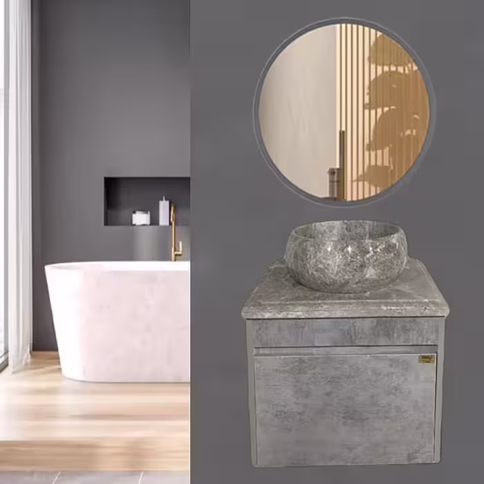روشویی کابینتی طوسی سایز 50 با سنگ طبیعی روکار همراه آینه گرد (پس کرایه)