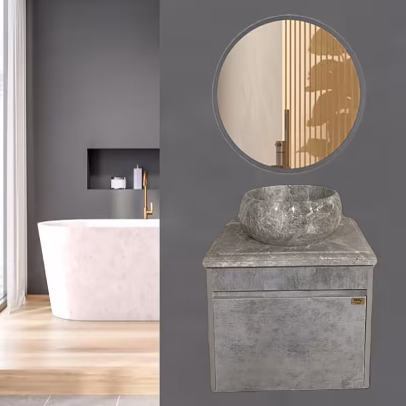 روشویی کابینتی طوسی سایز 50 با سنگ طبیعی روکار همراه آینه گرد (پس کرایه)