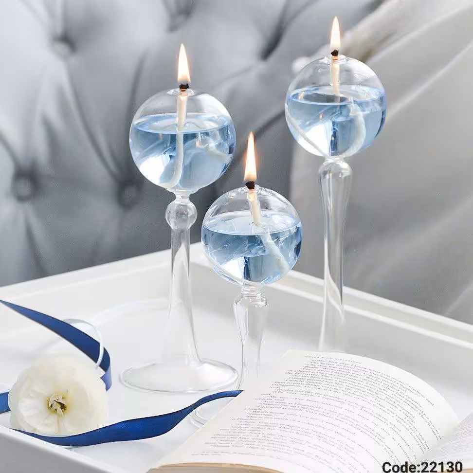 جاشمعی شیشه ای حبابی پایه دار ،جنس پیرکس ، سه سایز ، سوخت الکل،تزئینیو شیک