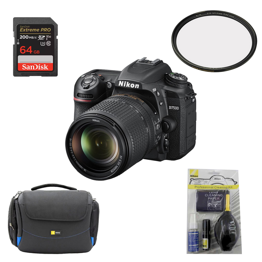 کیت دانشجویی دوربین عکاسی نیکون Nikon D7500 Kit 18-140mm   کیف Z30   رم SanDisk 64G   فیلتر UV   کیت تمیزکننده دوربین و لنز