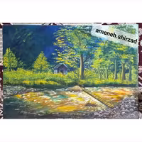 تابلو نقاشی منظره کلبه ای زیر کوه