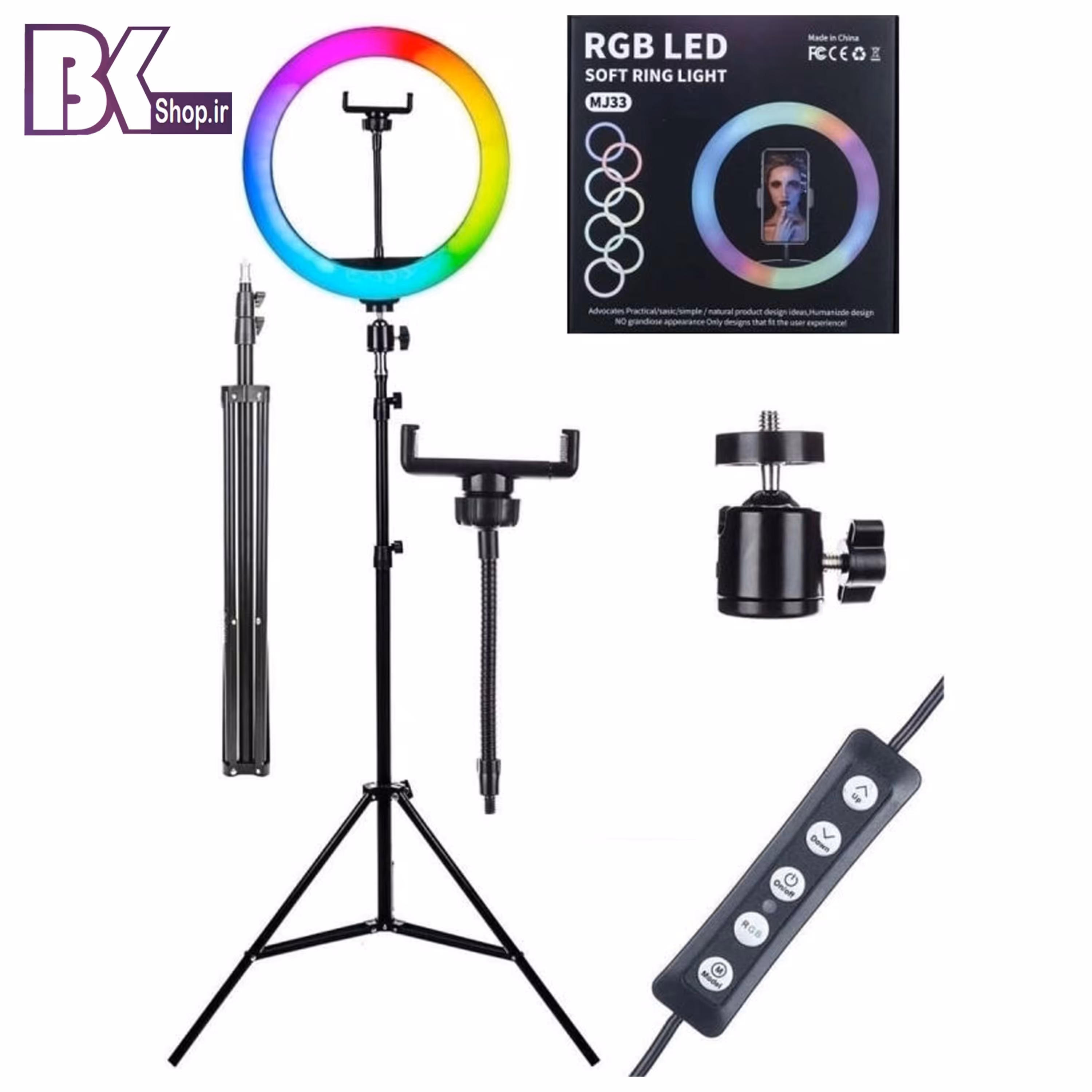 رینگ لایت 33 سانتی متری مدل MJ-33 RGB درجه یک همراه با سه پایه و هولدر2 متری 