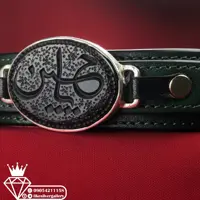 دستبندچرم مردانه عقیق مشکی خراسانی حکاکی حسین قاب نقره دستساز