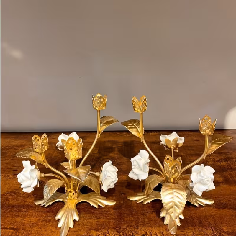 شمعدان سه شاخه دوتایی طلایی گل چینی کد 169