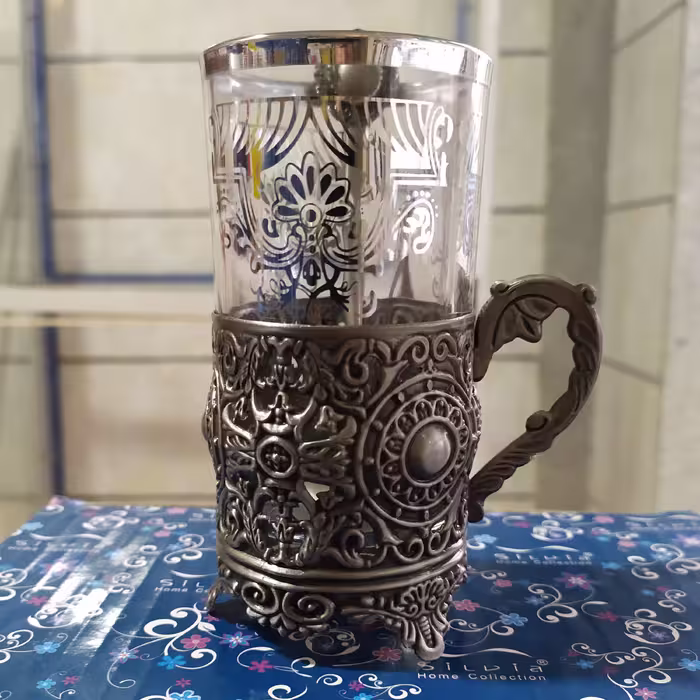 استکان پیوتر با قاشق چایخوری  اصل