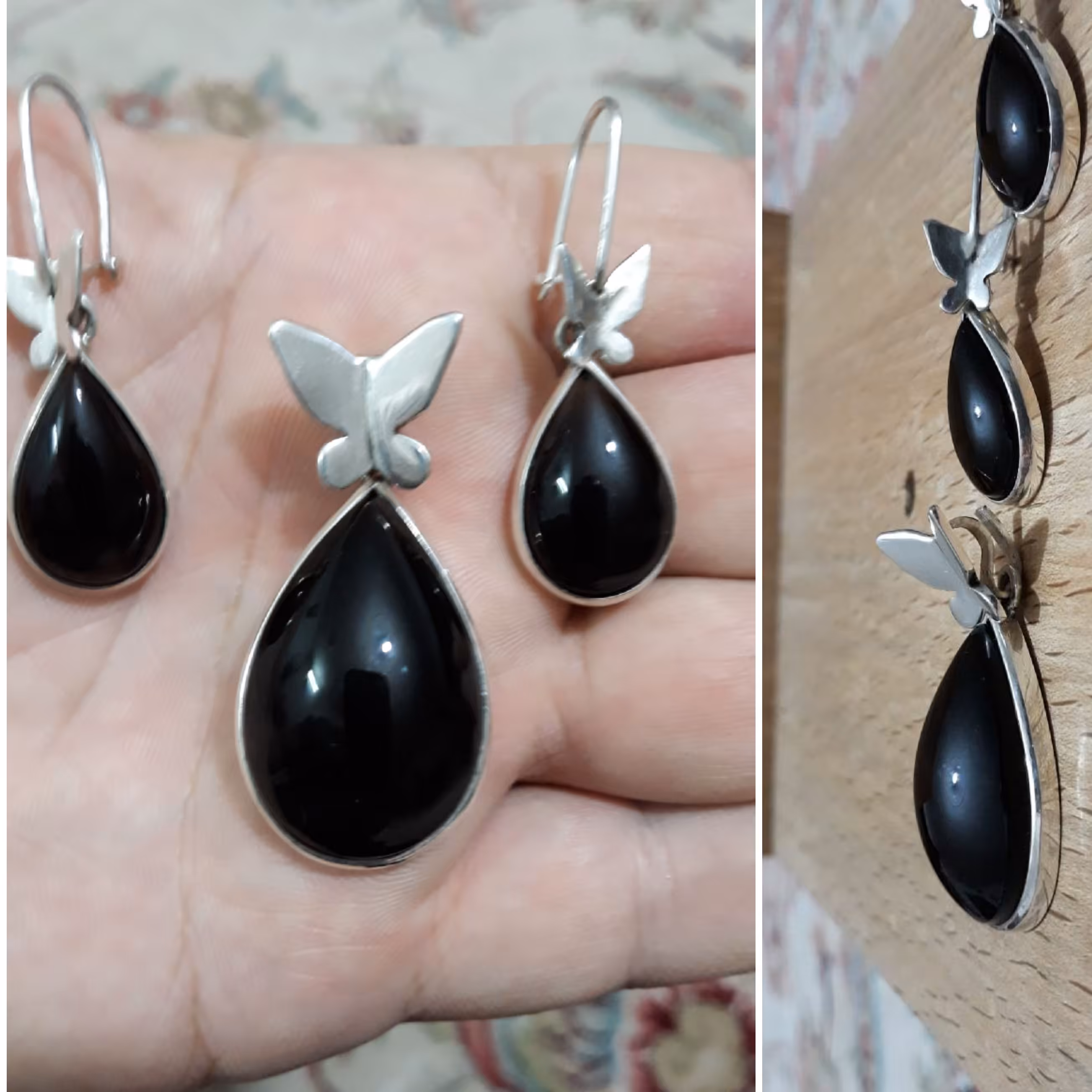 نیم ست نقره  با نگین ابسیدن بسیار زیبا و منظم  کاملا دست ساز 