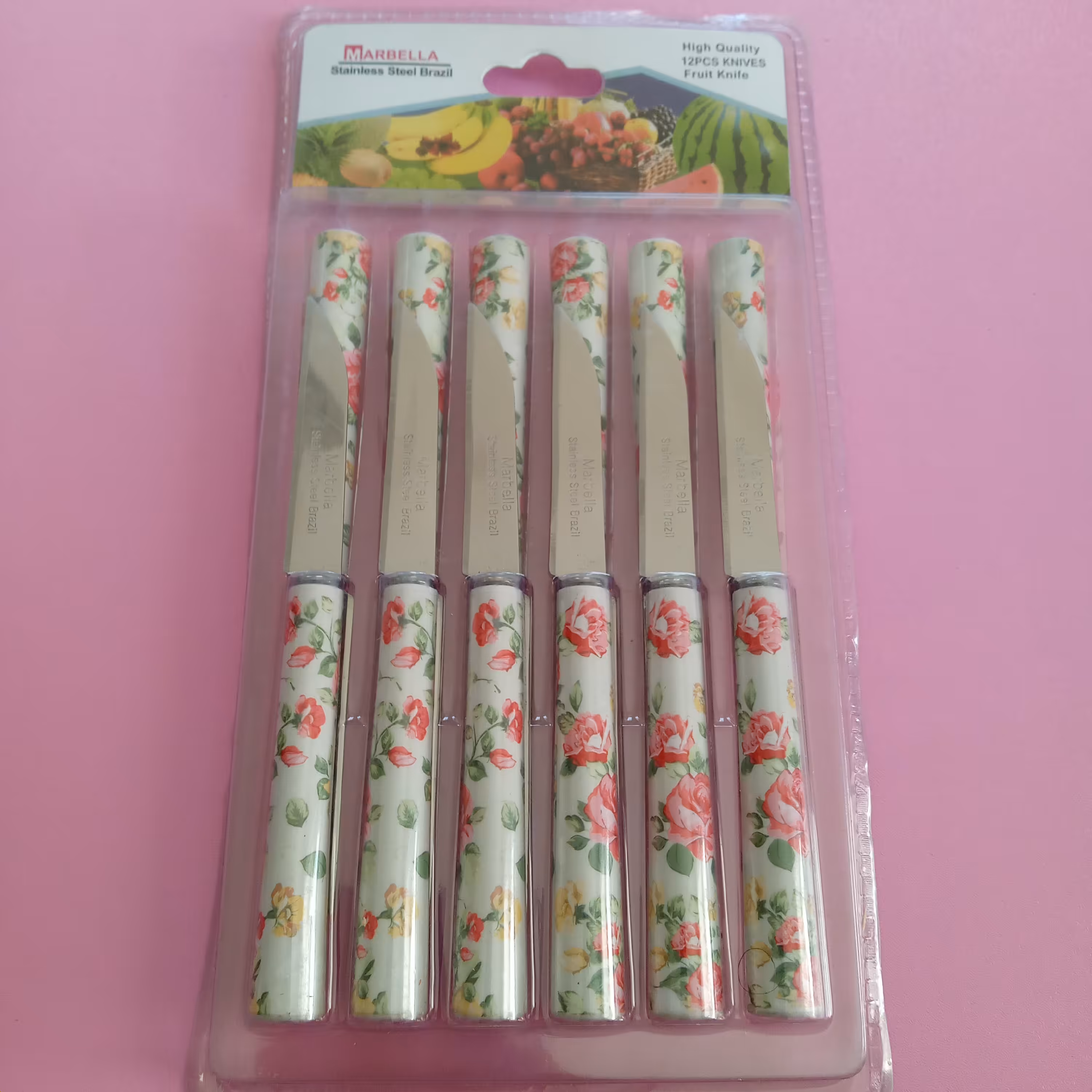 کارد میوه خوری 12 تایی طرح سرامیکی مارک ماربلا لوله ای جنس تیغه استیل ساده ( چاقو میوه خوری )       