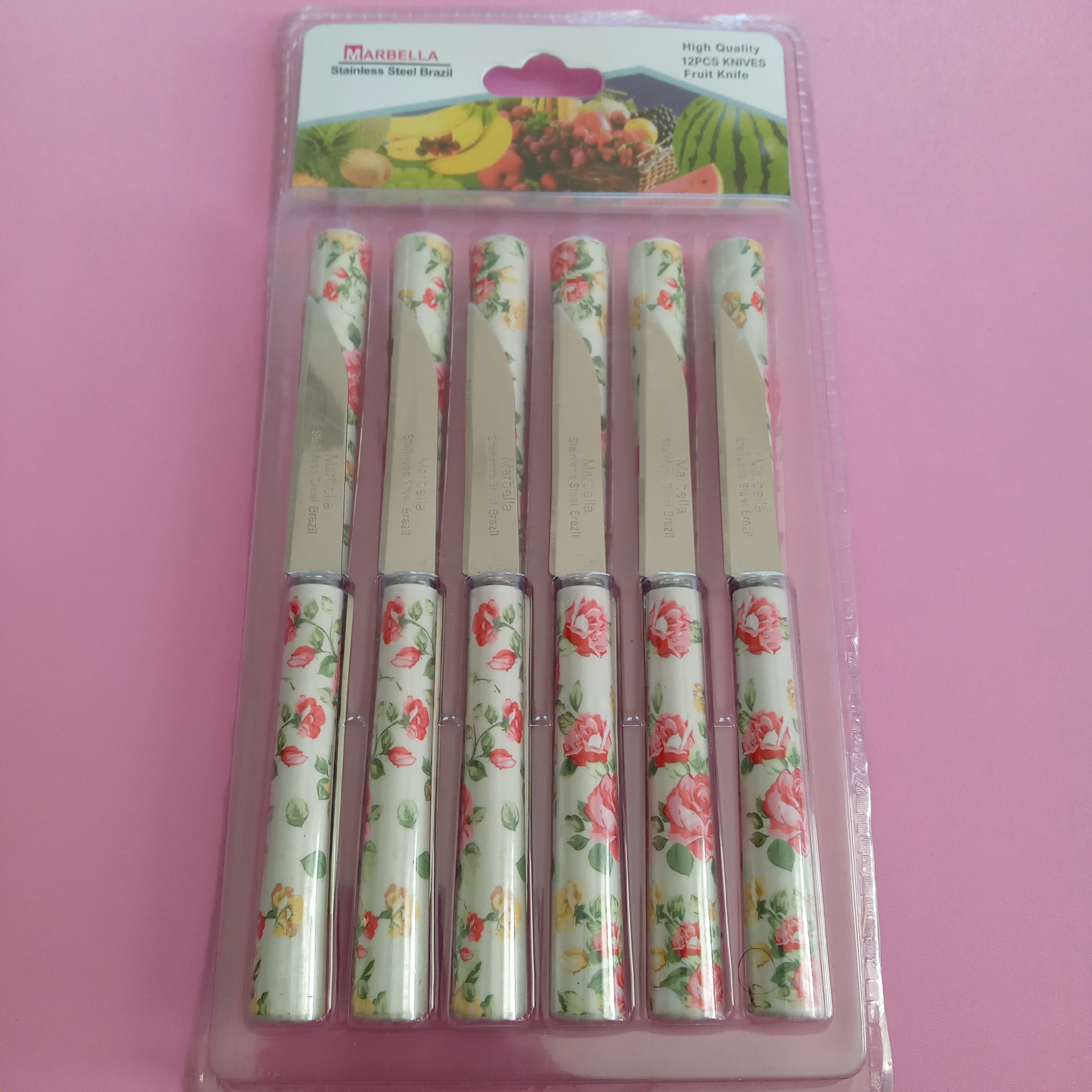 کارد میوه خوری 12 تایی طرح سرامیکی مارک ماربلا لوله ای جنس تیغه استیل ساده ( چاقو میوه خوری )