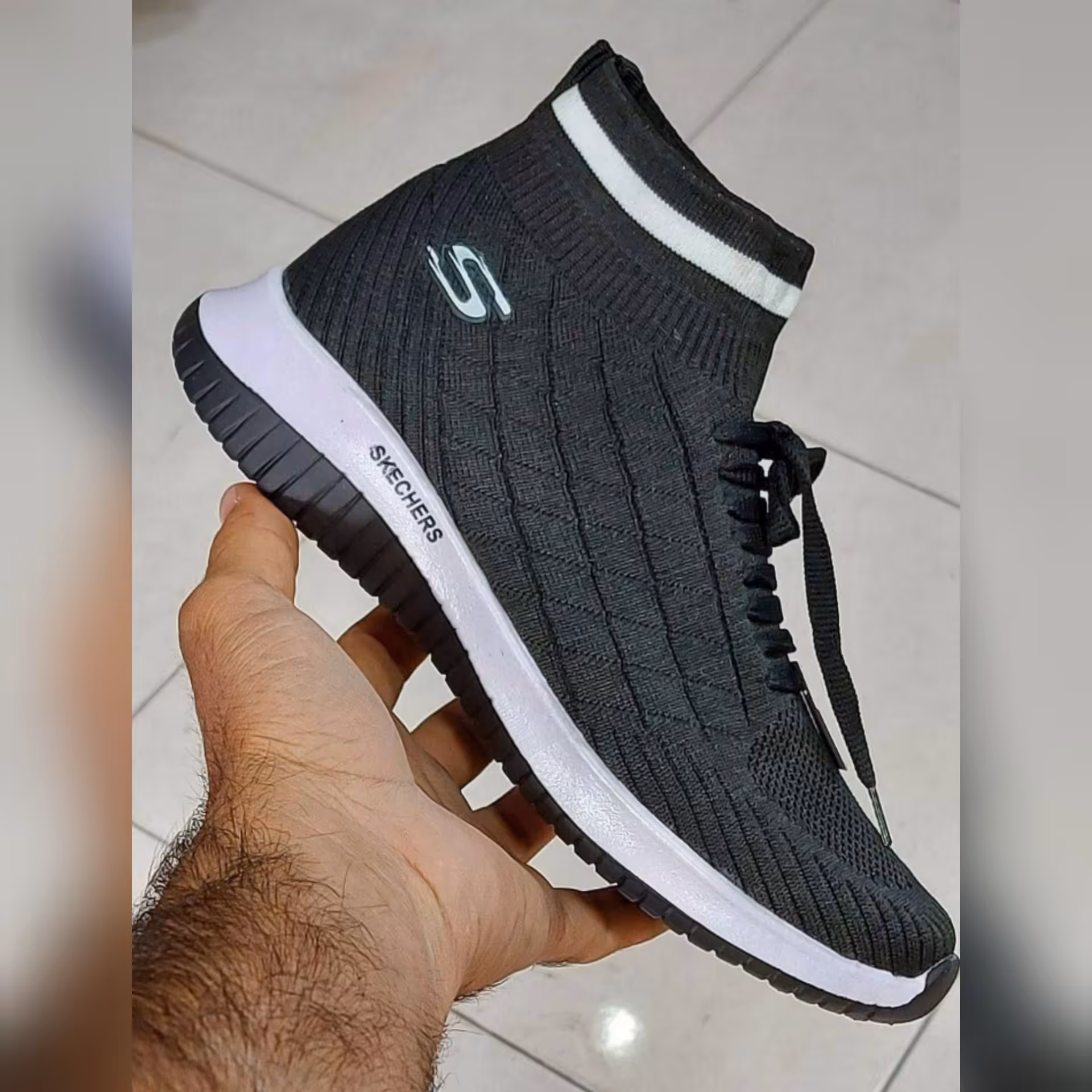 اسکیچرز ساق دار _ مشکی زیره سفید _ کتونی بافت _سایزبندی 37 الی 40