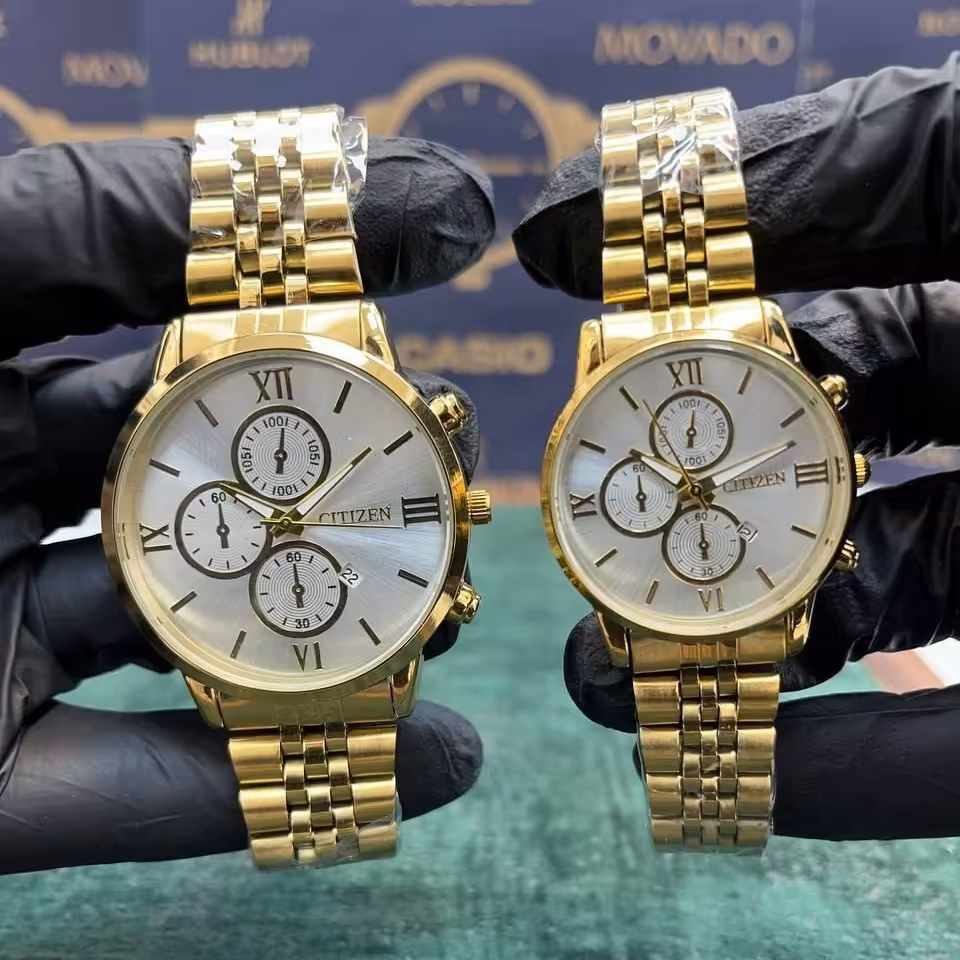 ست ساعت مردانه و زنانه سیتیزن بند استیل و بدنه و قفل استیل و رنگ ثابت و موتور باکیفیت کد 065تک 35جدید قطر 4 مردانه 